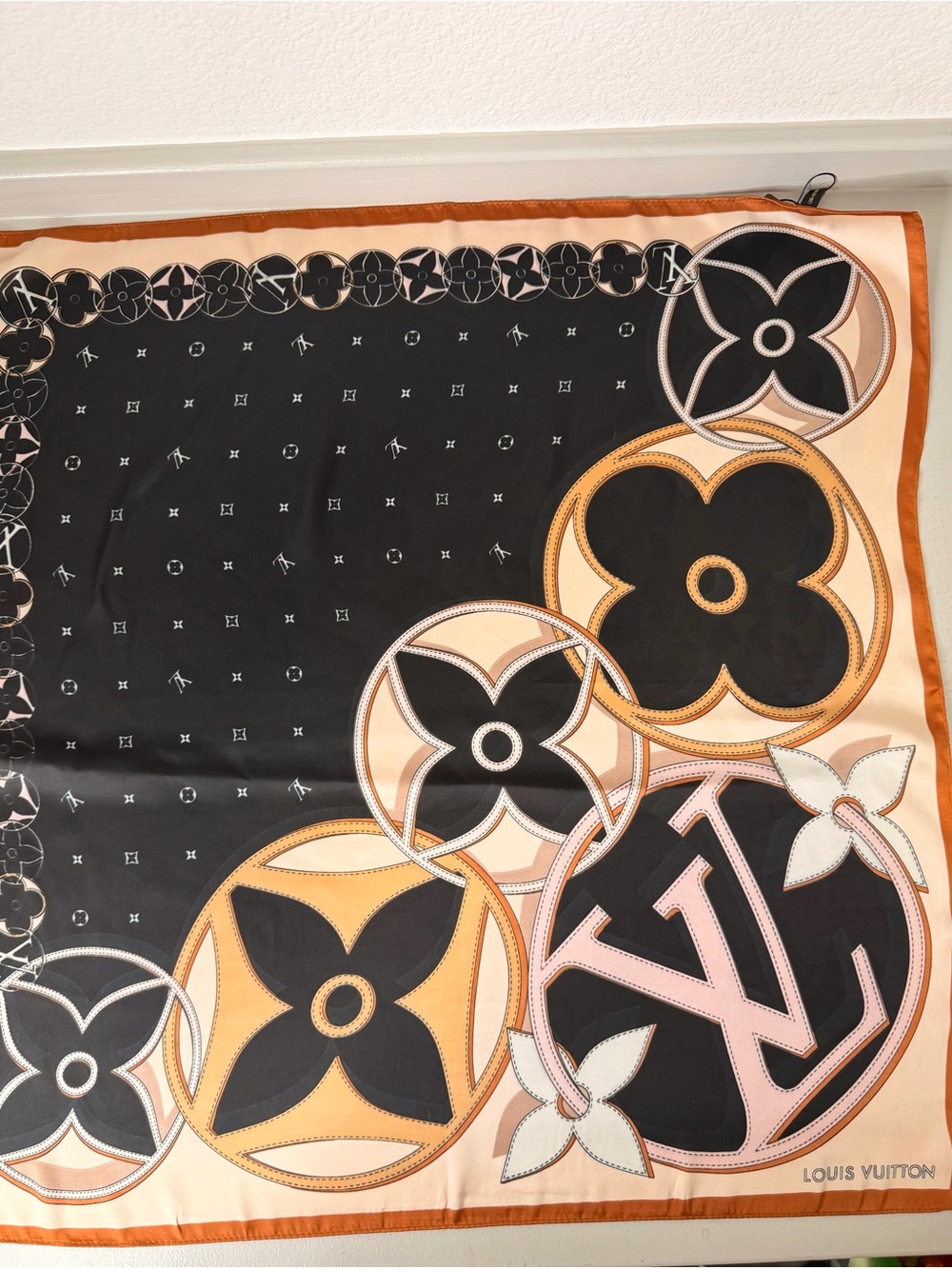 Black & Peach Silk Logo Motif Square Scarf